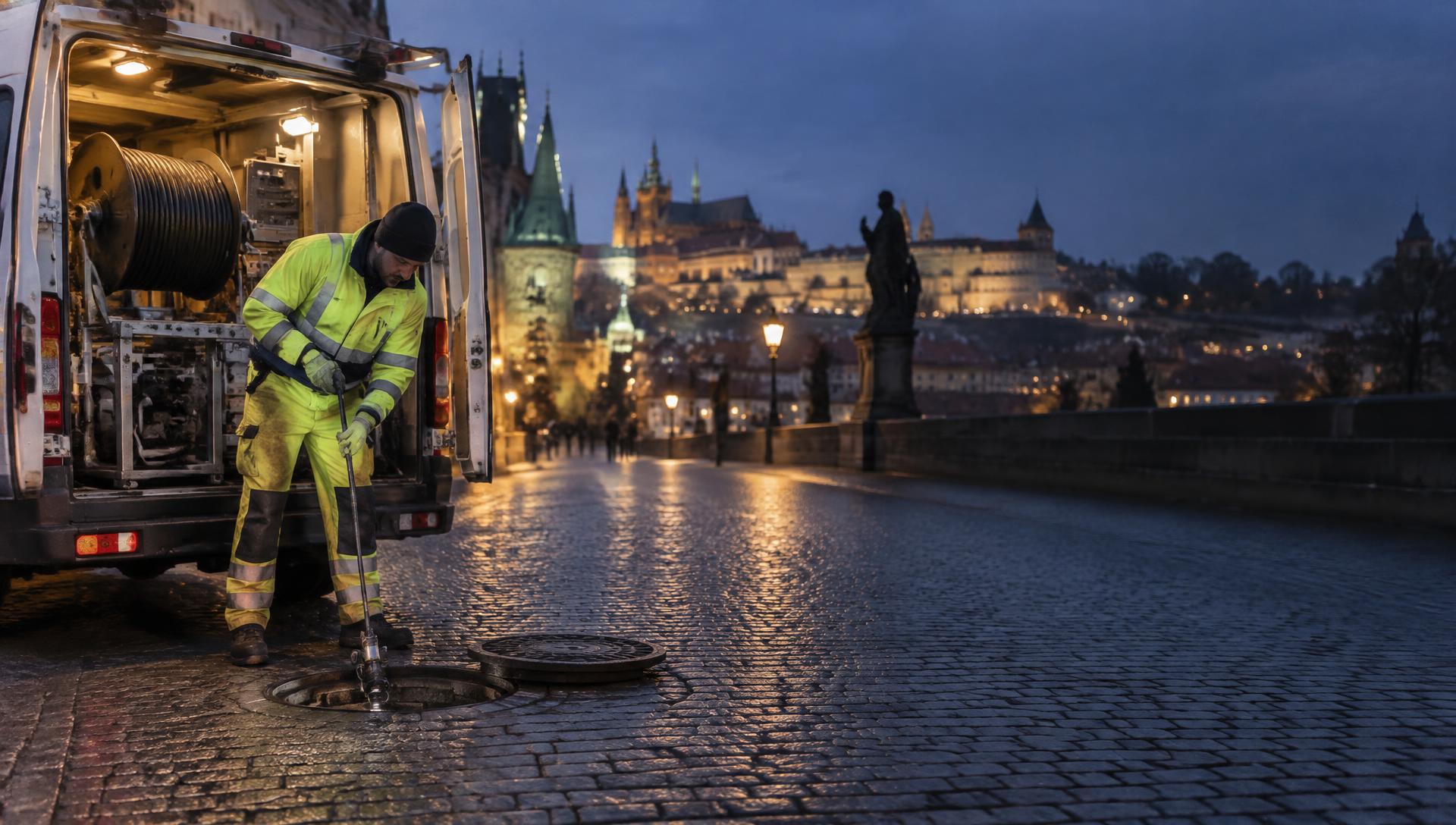 Technik havarijní služby u otevřené kanalizační šachty v Praze